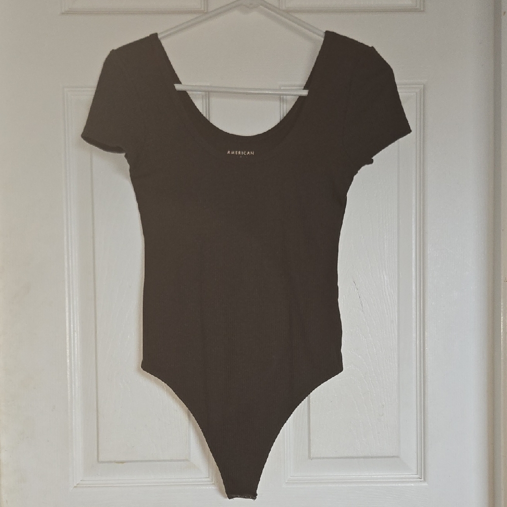 American Eagle Black Ribbed Scoop Neck Bodysuit Short Sleeve